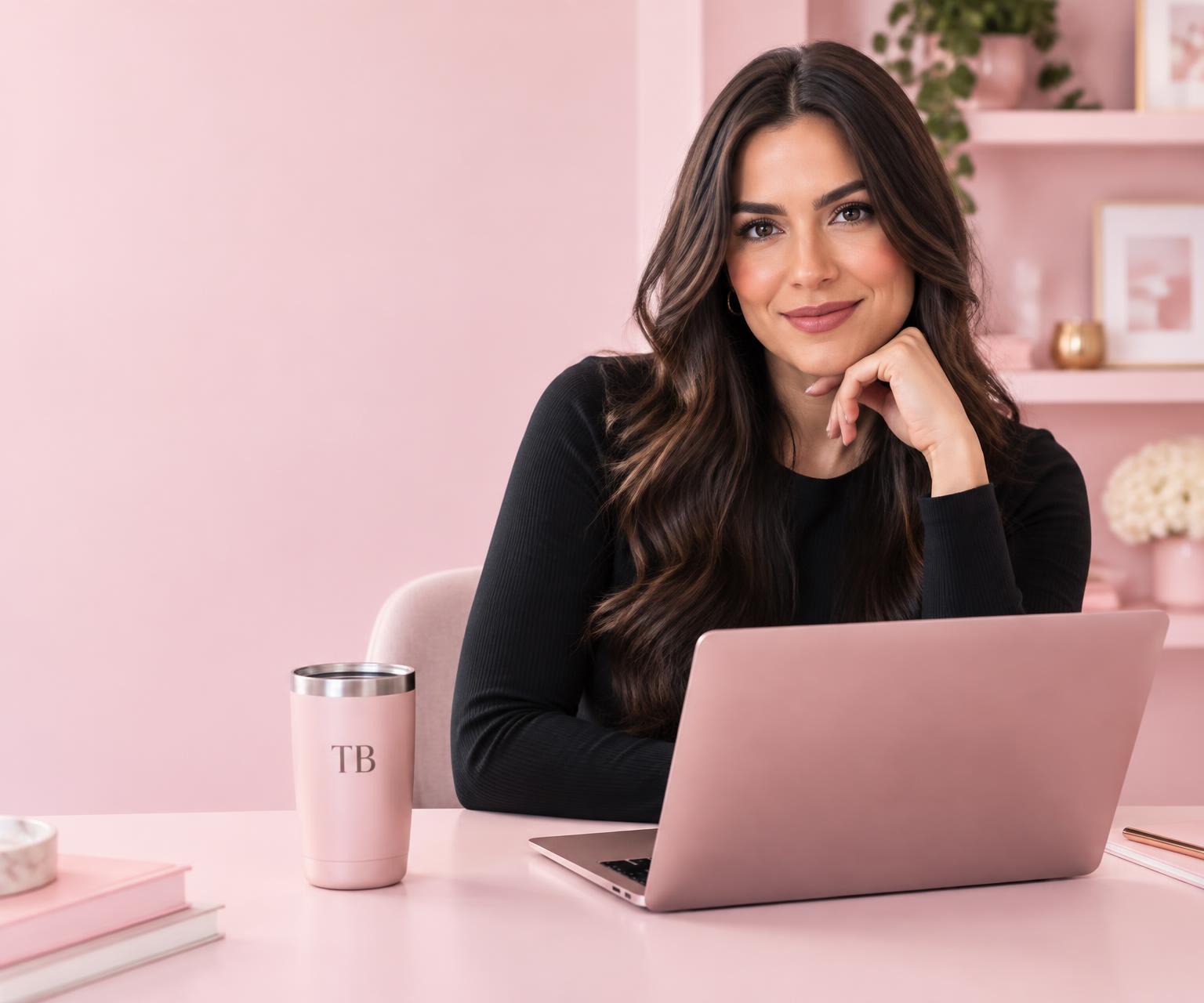 Apresentadora da TB com notebook rosa